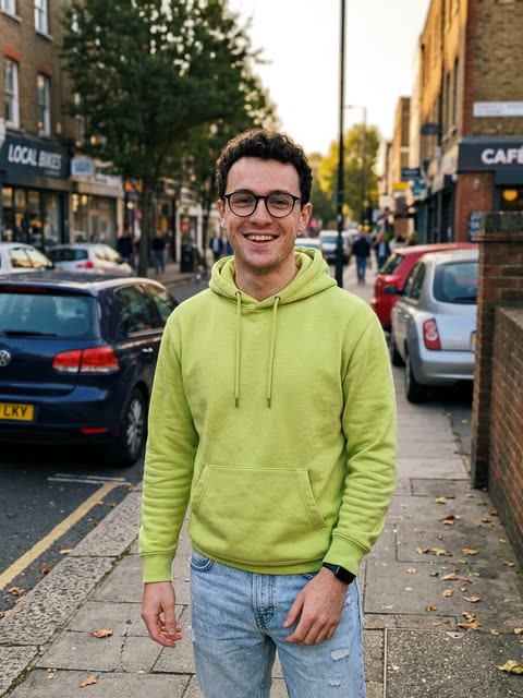 The single photo used: a casual photo of a man in a lime-green hoodie (AI-generated person)